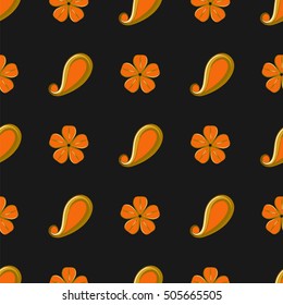 Black and Orange Paisley seamless pattern. Traditional Oriental ornament