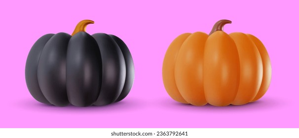 Black and orange pumpkin isolated on pink background. Set cute cartoon element in 3d glossy style. Funny plastic child toy or decoration. Modern mimimal illustration. Realistic vector art.