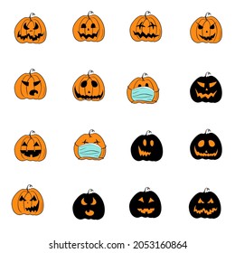 Black and orange pumpkins with carved funny faces; some have their mouth and nose covered by a surgical medical mask because of worldwide pandemic; vector icons. 