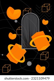 Black and orange random geometric dark simple minimal background. Retro graphic geometrical shapes. Busy vintage poster, banner, template for cover design.
