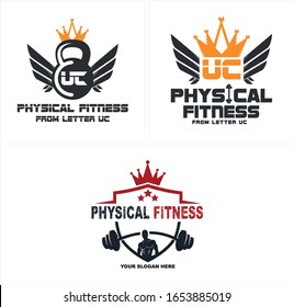 Black orange red emblem logo design sign wing dumbbell barbell star crown and bodybuilding illustration vector suitable for physical fitness health training coaching