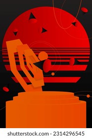 Black, orange and red stage showcase. Abstract Mockup cylinder pedestal podium. Vector product display for presentation. Minimal geometric scene.