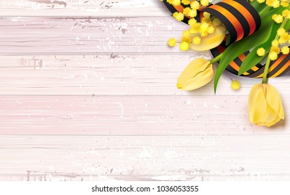 Black and orange ribbon of St George , yellow tulips and mimosa branch  on pink shabby wooden background. May 9 russian holiday victory day. Vector illustration