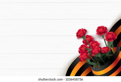 Black and orange ribbon of St George and red carnations on white wooden background. May 9 russian holiday victory day. Vector illustration Black and orange ribbon of St George and red carnations on white wooden background. May 9 russian holiday victory day. Vector illustration