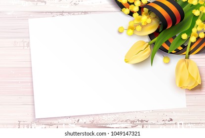 Black and orange ribbon of St George , yellow tulips and mimosa branch  on pink shabby wooden background. May 9 russian holiday victory day. Vector illustration