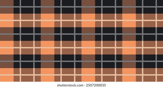 Black and orange Scotland textile seamless pattern. Fabric texture check tartan plaid. Abstract geometric background for cloth, fabric. Monochrome graphic repeating design. Modern squared ornament.