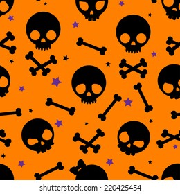 Black and  orange  seamless pattern with cute cartoon skull and bones with  star for Halloween
