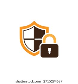 Un escudo negro y naranja con un candado negro y un candado naranja sobre un fondo blanco, que simboliza la protección y la seguridad en un diseño simple y moderno