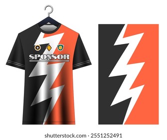 Black and orange soccer jersey, Football shirt. Lightning bolt soccer jersey, Electric soccer jersey, Modern sports jersey. Energetic football kit, Sporty apparel, Athlete wear.