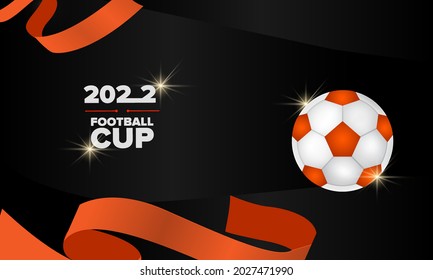 Black and orange sports background with soccer ball and ribbons, realistic vector illustration