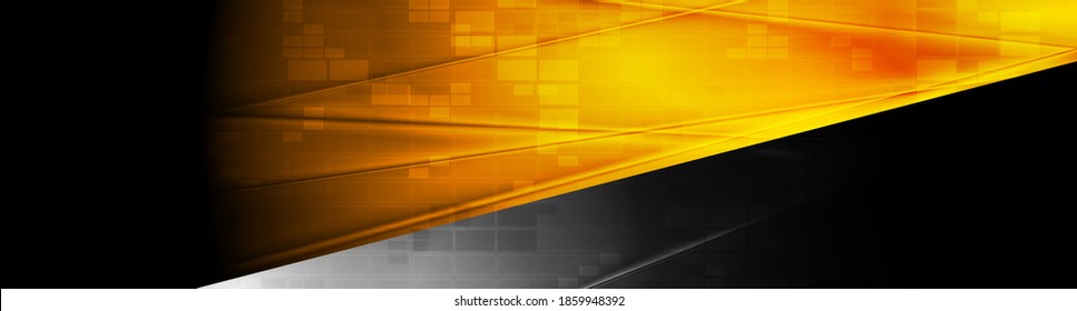 Black and orange tech glossy banner with squares texture. Geometric abstract vector background