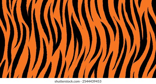 Black Orange Tiger Stripes Seamless Pattern. Tiger Pattern Design. Drawing Safari Texture Print. Abstract Animal Background.