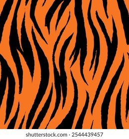 Black Orange Tiger Stripes Seamless Pattern. Tiger Pattern Design. Drawing Safari Texture Print. Abstract Animal Background.