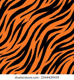 Black Orange Tiger Stripes Seamless Pattern. Tiger Pattern Design. Drawing Safari Texture Print. Abstract Animal Background.