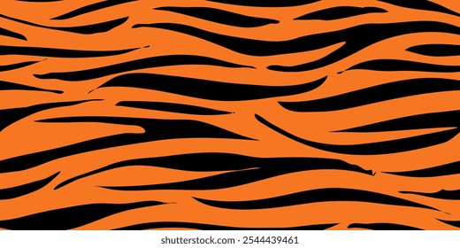 Black Orange Tiger Stripes Seamless Pattern. Tiger Pattern Design. Drawing Safari Texture Print. Abstract Animal Background.