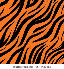 Black Orange Tiger Stripes Seamless Pattern. Tiger Pattern Design. Drawing Safari Texture Print. Abstract Animal Background.