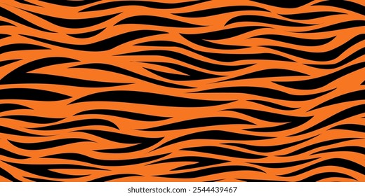 Black Orange Tiger Stripes Seamless Pattern. Tiger Pattern Design. Drawing Safari Texture Print. Abstract Animal Background.