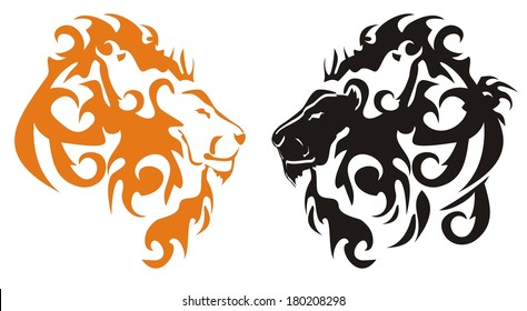 Black and orange tribal lions heads