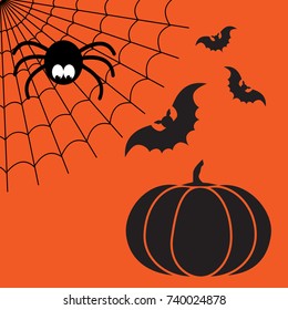 Black and orange vector cartoon isolated spider web with funny spider, flying bats and pumpkin. Simple image with cobweb for halloween party.