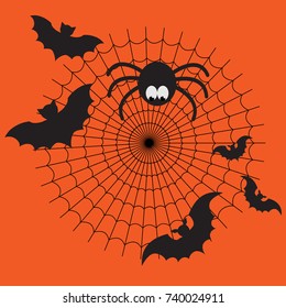 Black and orange vector cartoon isolated spider web with funny spider, flying bats. Simple image with cobweb for halloween background.