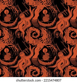 BLACK AND ORANGE VECTOR SEAMLESS PATTERN OF DIFFERENT PHANTASMAGORIC SCARY CREATURES OF THE ANIMAL AND AQUATIC WORLD