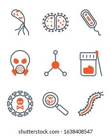 Black and orange virus icon set design, Bacterium organism molecule microbe cell disease illness health medical and infection theme Vector illustration