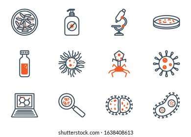 Black and orange virus icon set design, Bacterium organism molecule microbe cell disease illness health medical and infection theme Vector illustration
