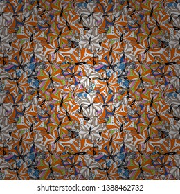 Black, orange and white on colors. Doodles pattern. Seamless Abstract interesting background. Vector. Tender fabric pattern.
