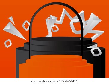 Black, orange and white stage showcase, minimal abstract mockup product display for presentation. Geometric forms, empty scene with cylinder pedestal podium.
