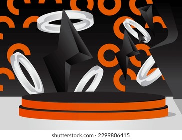 Black, orange and white stage showcase, minimal abstract mockup product display for presentation. Geometric forms, empty scene with cylinder pedestal podium.