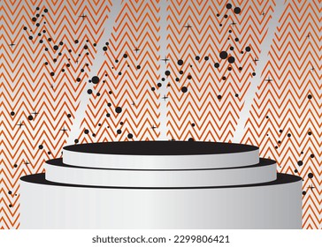 Black, orange and white stage showcase, minimal abstract mockup product display for presentation. Geometric forms, empty scene with cylinder pedestal podium.