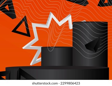 Schwarz-Orange-Weiß-Bühnenvorführung, minimale abstrakte Produktdarstellung für die Präsentation. Geometrische Formen, leere Szene mit dem Zylindersockel-Podium.