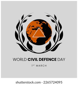 Black orange World Civil Defence Day with a symbol of rice surrounding the earth and a triangular symbol