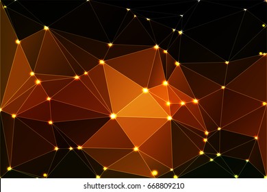 Black orange yellow abstract low poly geometric background with white triangle mesh and defocused lights.