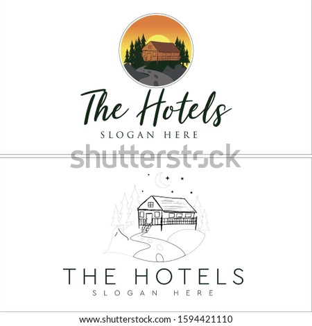 Black orange yellow sun circle house sketch tree moon star mountain icon lettering modern logo designs suitable for travel hotel rental cabin company villa village hiking adventure tour business