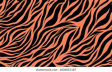 Black and orange zebra pattern background texture. A brown and black striped background with orange and black stripes. Zebra seamless pattern. Zebra stripes in doodle style. Flat design. Vector illust