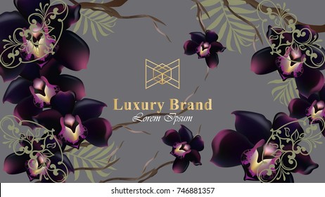 Black orchid flowers card Vector. Beautiful illustration for invitation, wedding, brand book, business card or poster. Place for texts