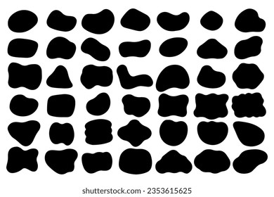 Black organic abstract shapes. Seamless print of rough irregular blob splotch circles and waves. Vector modern amorphous geometric elements. Asymmetric stains of various shapes silhouette