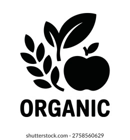 Black organic label featuring an apple leaves and wheat stalks