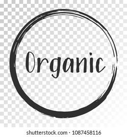 Black organic products icon in frame, food package label vector design. Organic food logo no chemicals sign, round stamp isolated clip art, circle tag organic farming label, sticker vector emblem.