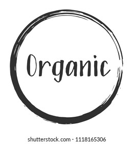 Black organic products icon in frame, food package label vector design. Organic food logo, no chemicals sign, round stamp isolated clip art, circle tag organic farming label, sticker vector emblem.