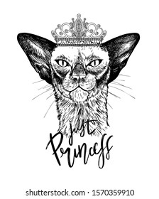 Black oriental cat in crown with diamonds, hand written text JUST PRINCESS below. Hand drawn vector illustration.