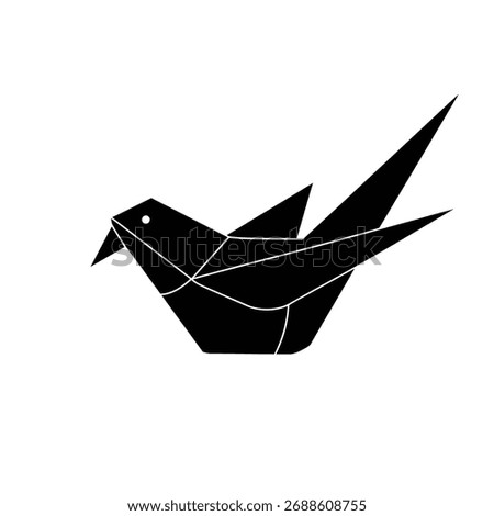Black origami bird silhouette with sharp geometric folds on a plain white background.