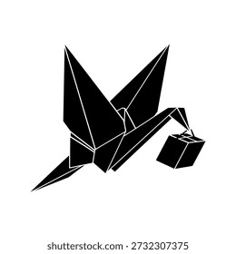 Black origami crane with gift box on white background