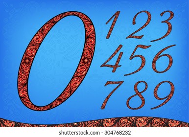 Black ornament on a red background, stylish digits. Set. Zero 0 One 1 Two 2 Three 3 Four 4 Five 5 Six 6 Seven 7 eight 8 nine 9. vector. eps8.