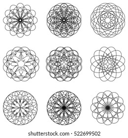 Black ornament round set on white background. Geometric circle element. Vector spirographs. Lineart ornamental logo templates set. Vector arabic geometric symbols