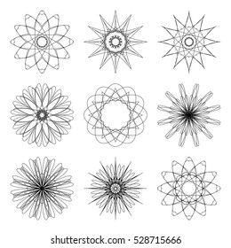 Black ornament round set on white background. Geometric circle element. Vector spirographs. Lineart ornamental logo templates set. Vector arabic geometric symbols