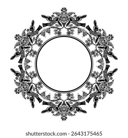 Black ornamental circular pattern with Gamayun birds (slavic folk pattern) on white background. Card template design. Vector illustration.