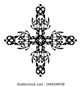 Black ornamental cross. Tribal abstract pattern. Magic sign, isolated symmetrical symbol