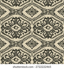 Patrón de diamante ornamental negro sobre fondo textil vintage transparente beige